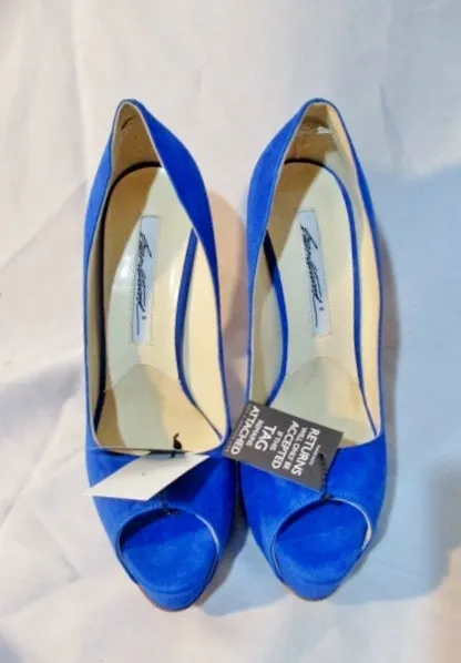 NEW BRIAN ATWOOD Suede High Heel Pump Shoe BLUE 36.5 / 6 Womens Peep Toe LEATHER