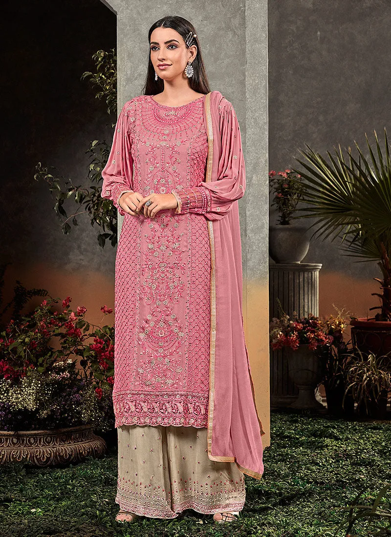 Pink And Beige Floral Embroidered Palazzo Suit