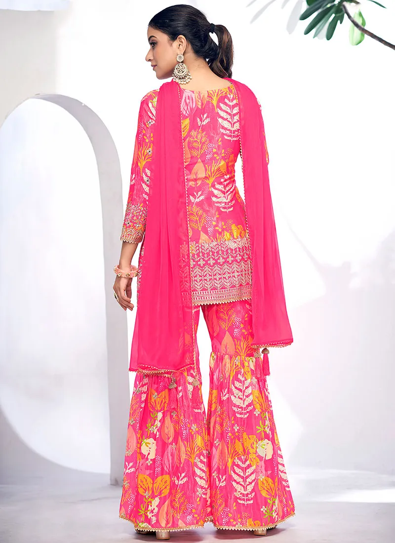 Pink Golden Mirror Work Embroidery Gharara Suit