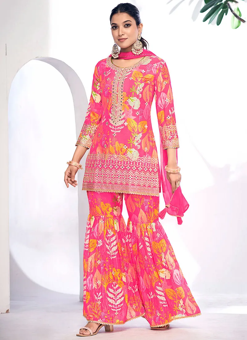 Pink Golden Mirror Work Embroidery Gharara Suit