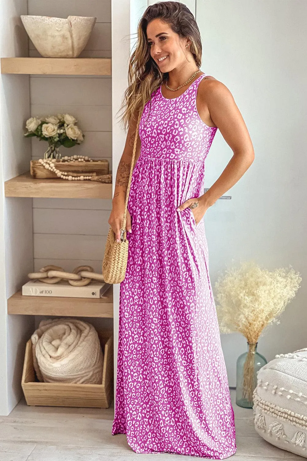 Pink Leopard Print Pocketed Sleeveless Maxi Dress