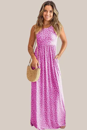 Pink Leopard Print Pocketed Sleeveless Maxi Dress