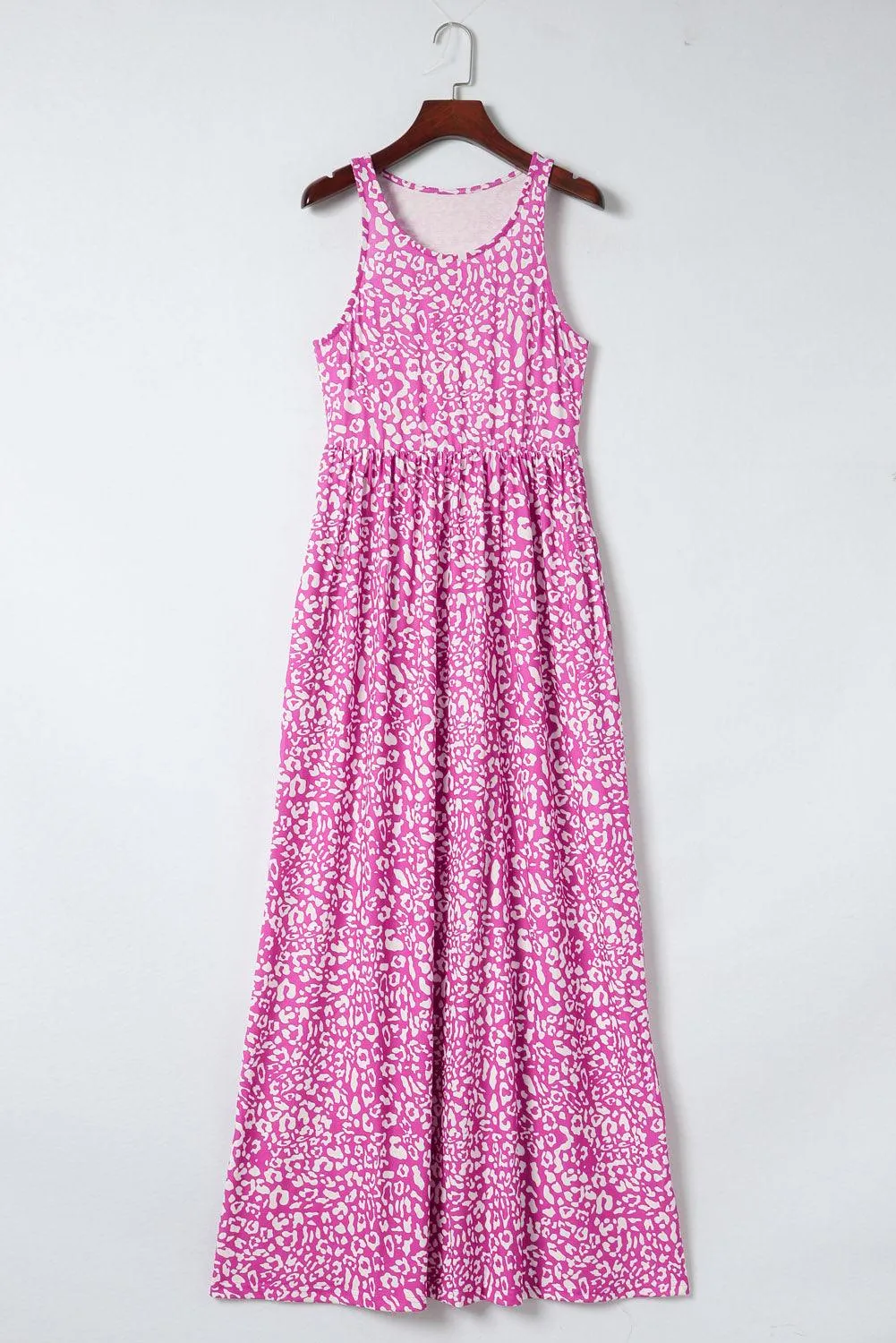 Pink Leopard Print Pocketed Sleeveless Maxi Dress