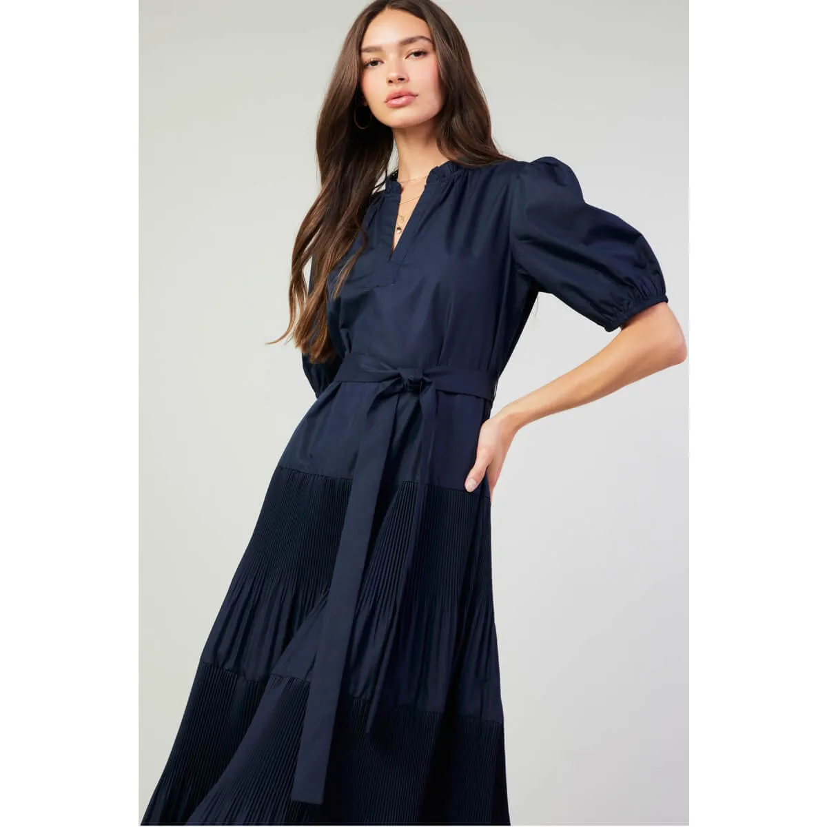 Pleated Tiered Tie Front Midi Dress