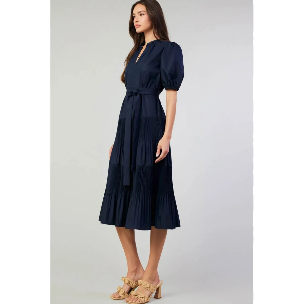 Pleated Tiered Tie Front Midi Dress