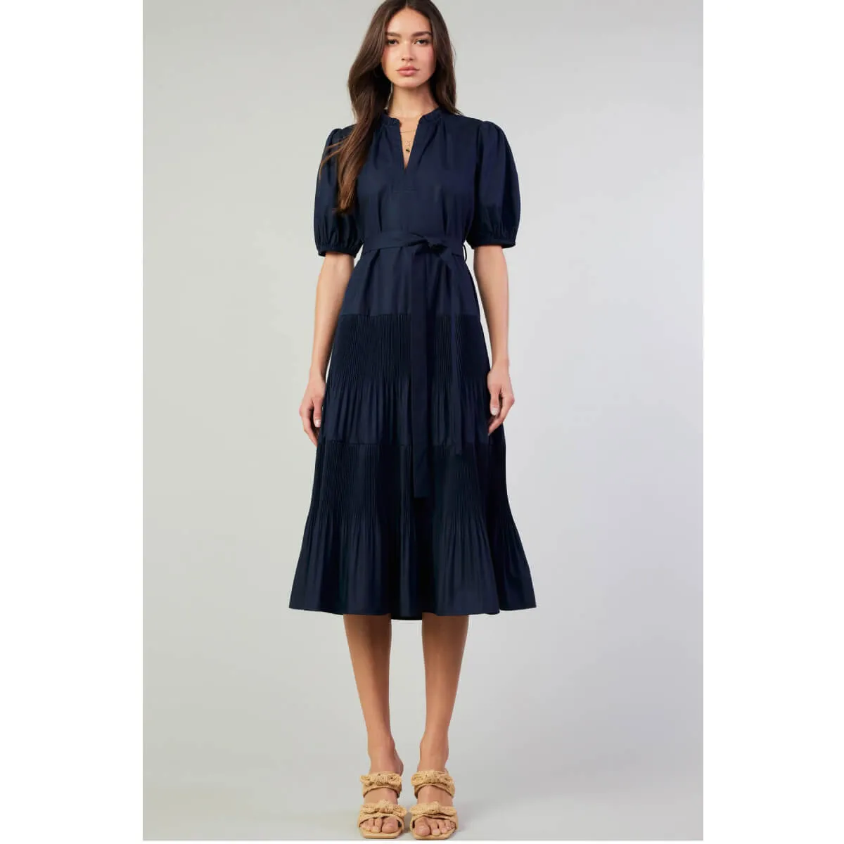 Pleated Tiered Tie Front Midi Dress