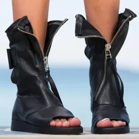 Purpdrank - Women Soft Leather Zipper Summer Boots