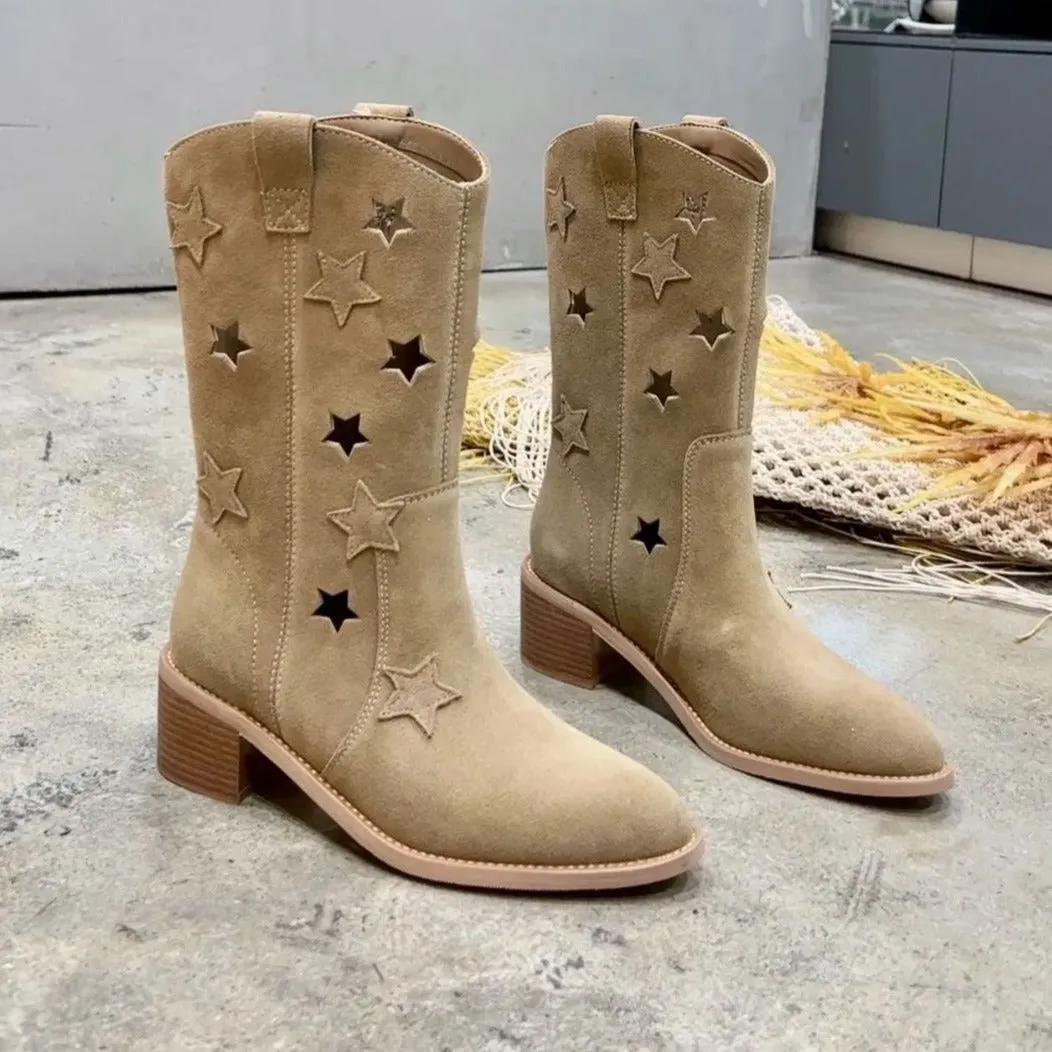 Retro Hollow Out Stars Pointed Toe Western Boots Short Boots