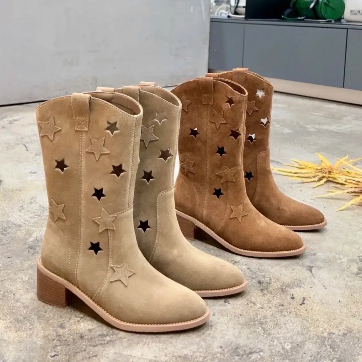 Retro Hollow Out Stars Pointed Toe Western Boots Short Boots