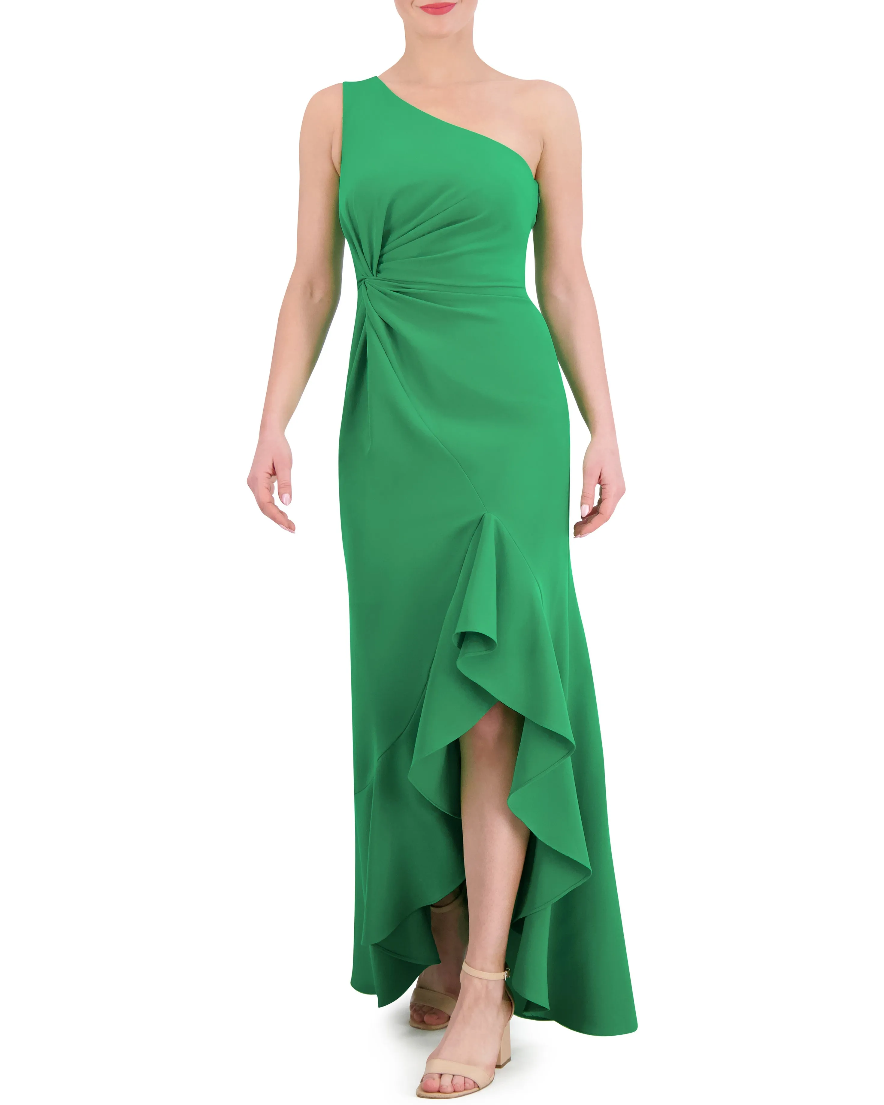 Ruffled One-Shoulder Twist-Front Gown