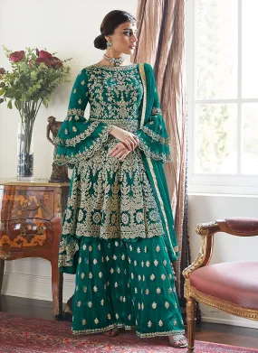 Sea Green Beige Multi Embroidered Designer Gharara Suit