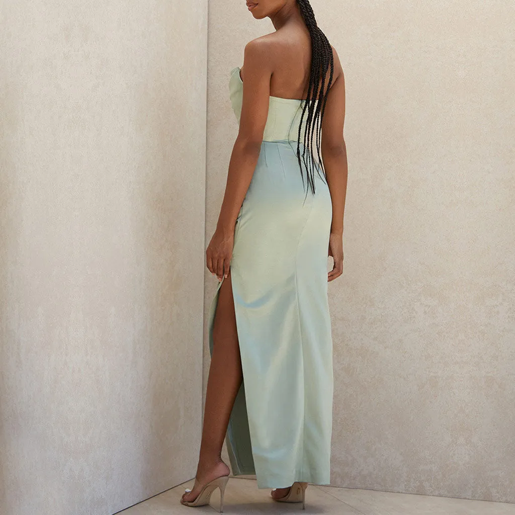 Silky Satin High Slit Ruched Strapless Party Maxi Dress - Sage Green