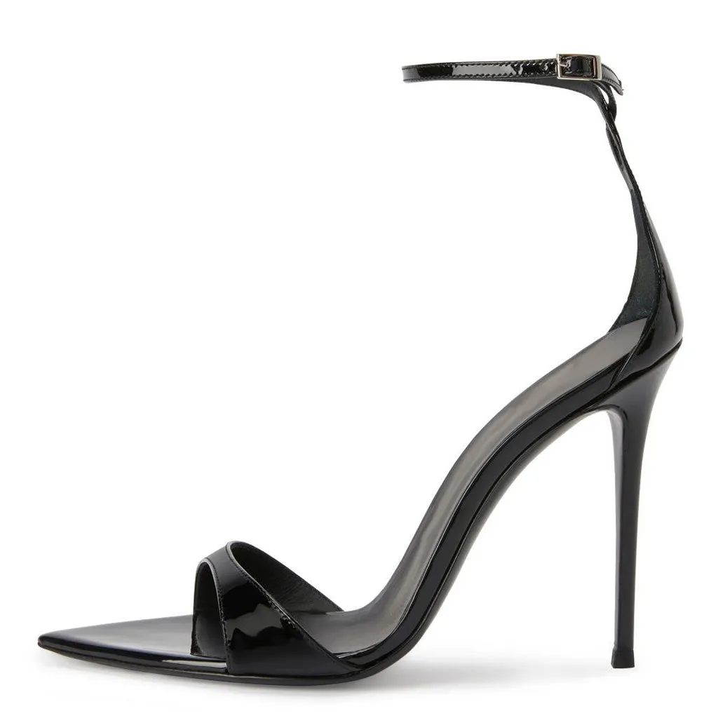 Sleek Open Pointed Toe Patent Leather Stiletto High Heel Ankle Sandals