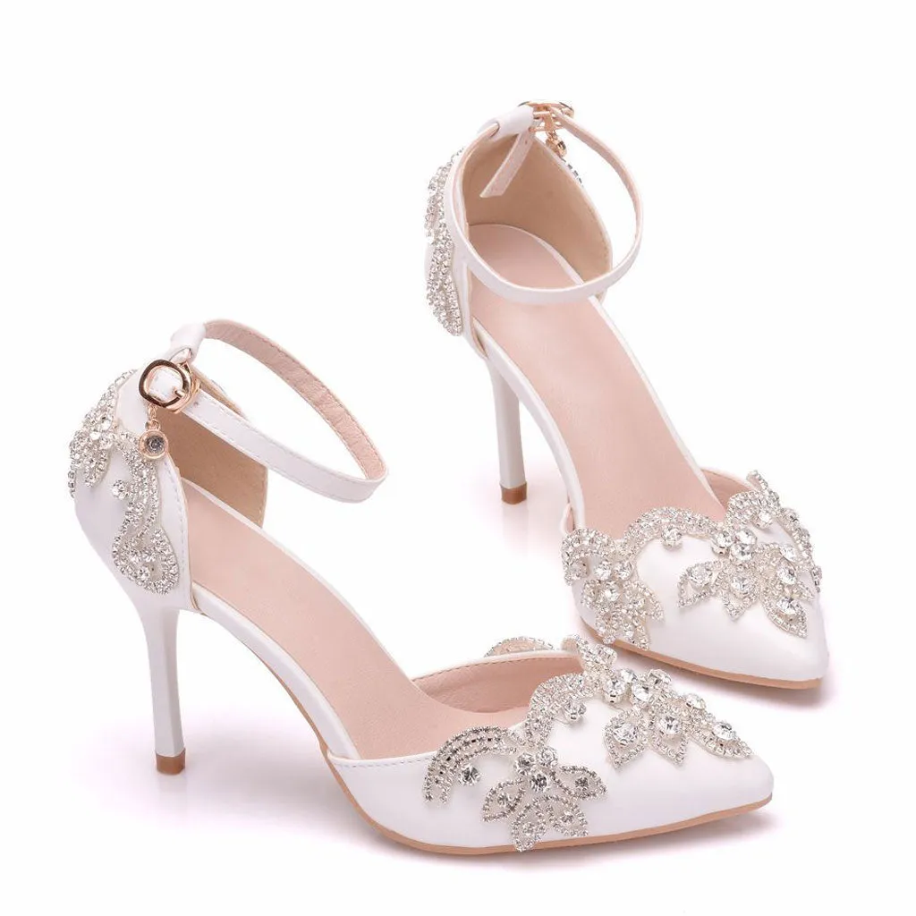 Sparkly Rhinestone Embellished Pointed Toe Stiletto Pumps - White