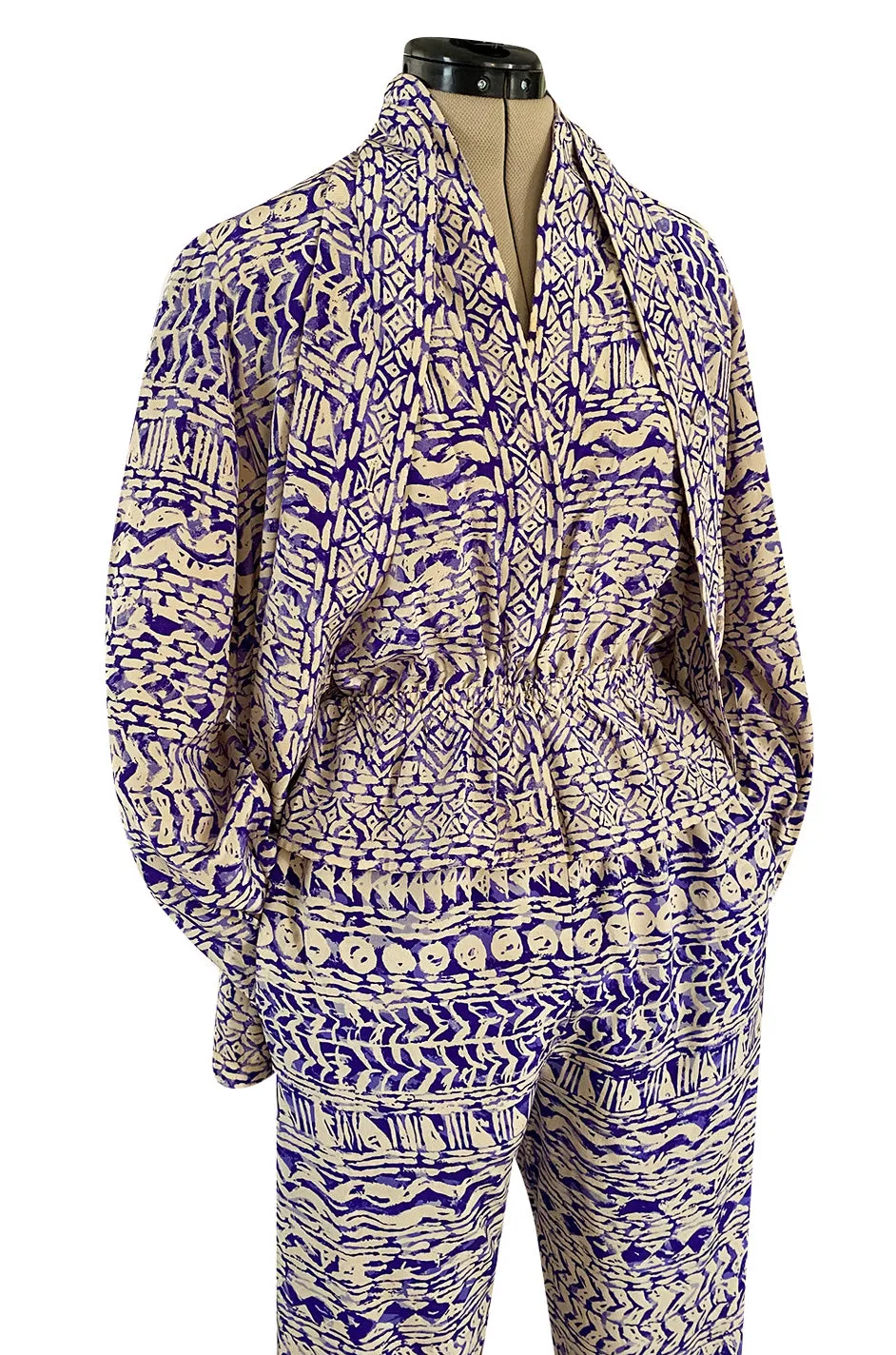 Spring 1981 Halston Three Piece Silk Top Pant & Jacket Set w Purple Colour Block Print