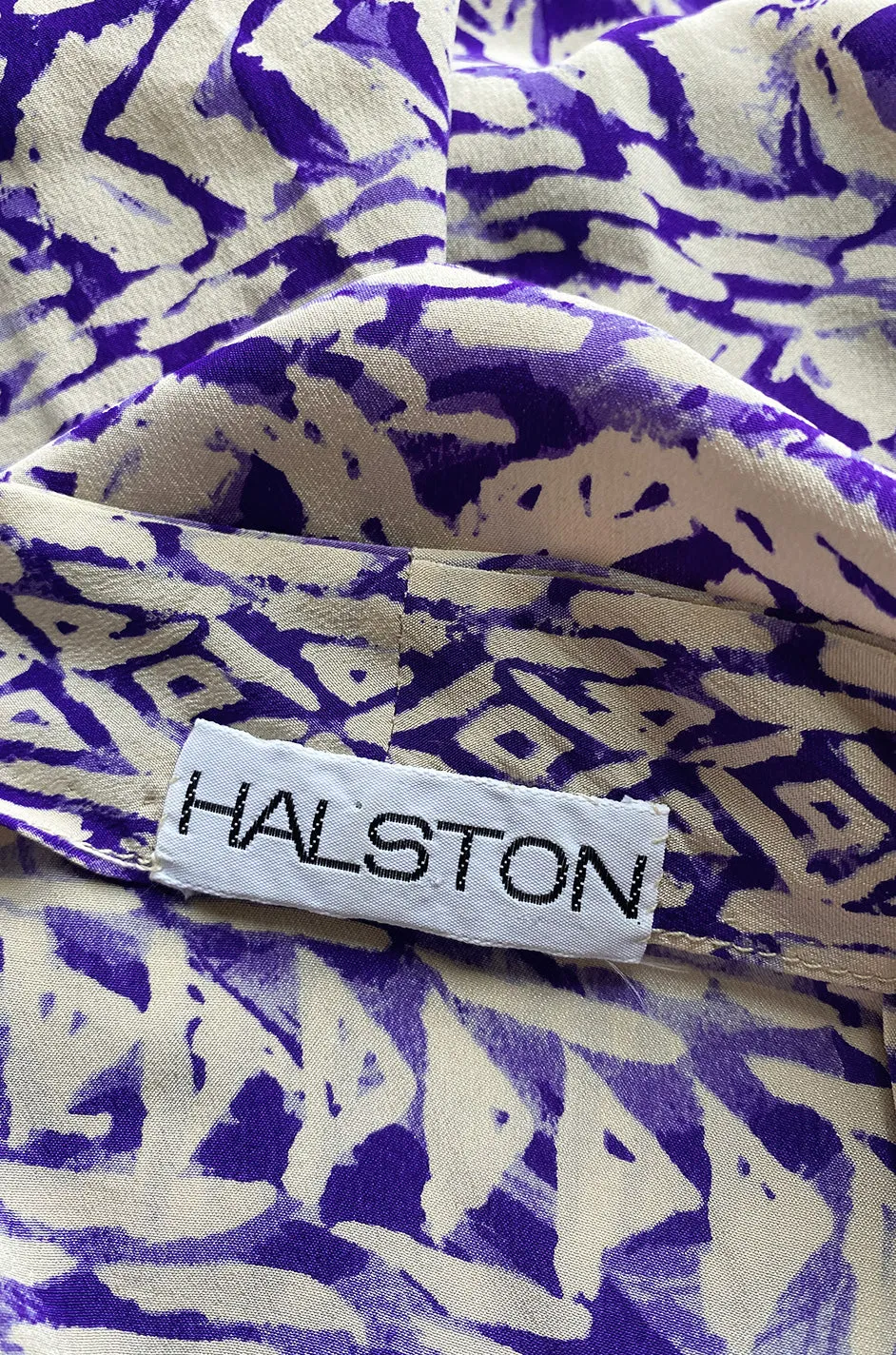 Spring 1981 Halston Three Piece Silk Top Pant & Jacket Set w Purple Colour Block Print