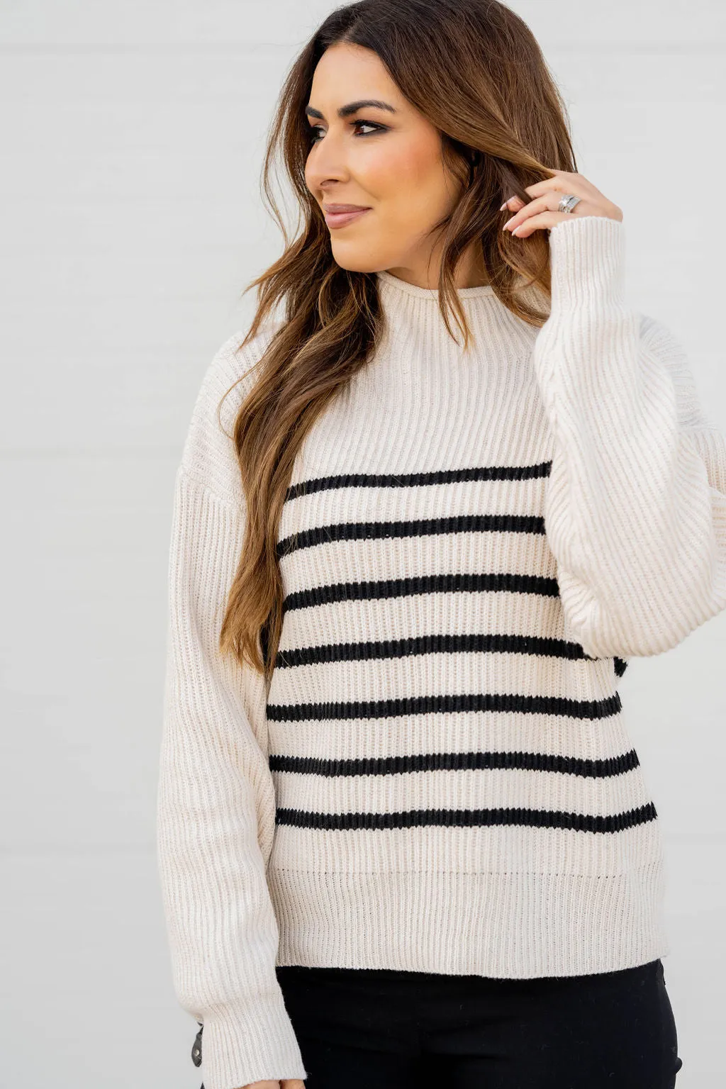 Striped Bottom Mock Neck Sweater