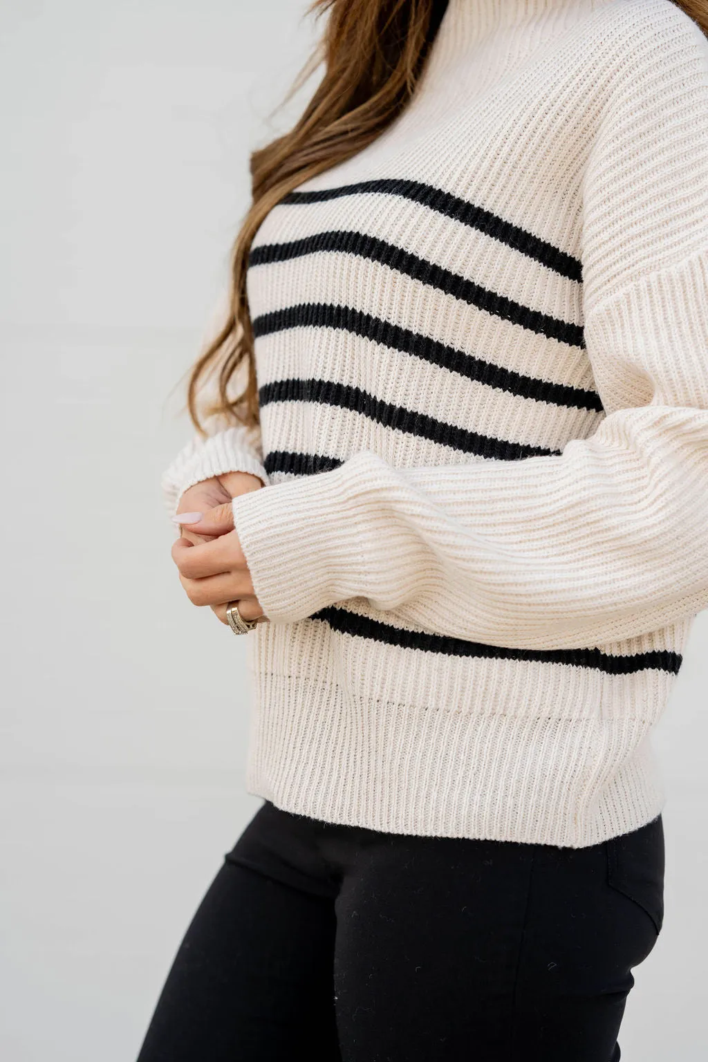 Striped Bottom Mock Neck Sweater