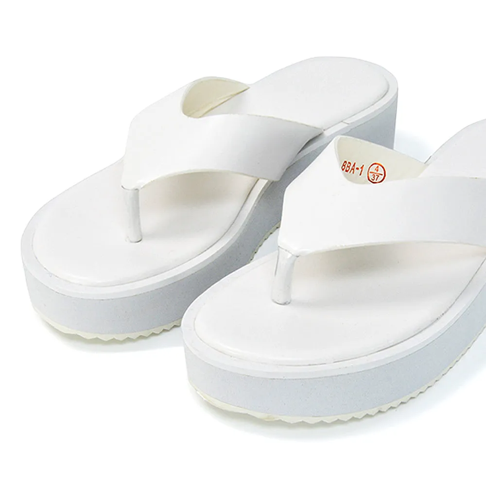 Tammi Thong Strap Flatform Flip Flop Sandal Slides in White Synthetic Leather