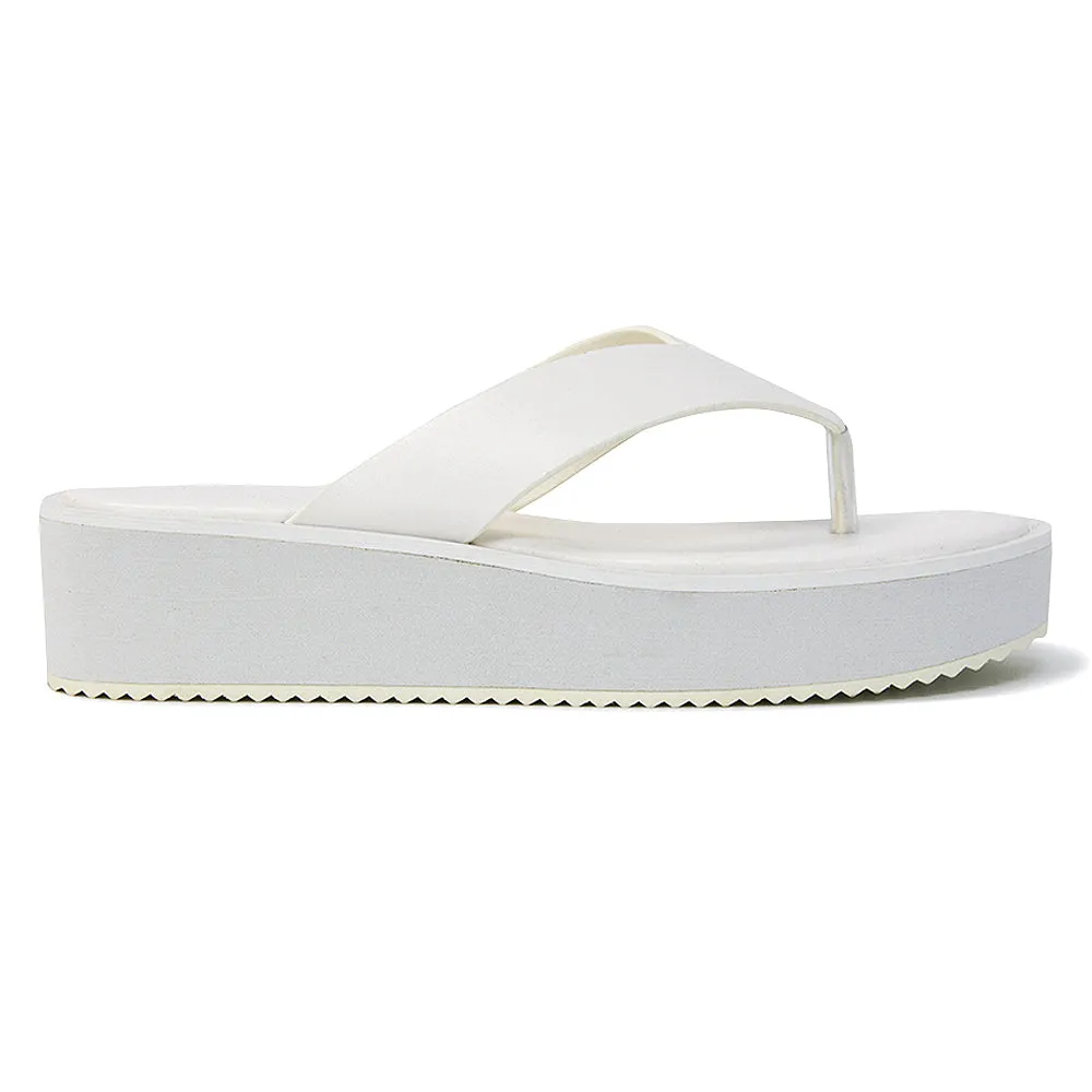 Tammi Thong Strap Flatform Flip Flop Sandal Slides in White Synthetic Leather