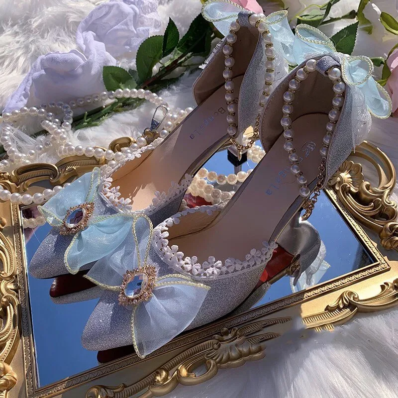 Tea Party Princess Wedding Lolita Shoes High Heels 5cm /7cm Light Blue Pointed Toe Anime Sweet Girls Cosplay Feminine Kawaii Cos