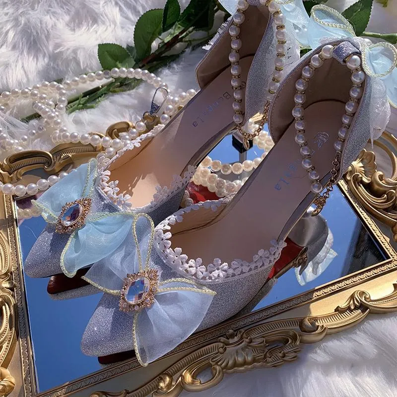 Tea Party Princess Wedding Lolita Shoes High Heels 5cm /7cm Light Blue Pointed Toe Anime Sweet Girls Cosplay Feminine Kawaii Cos