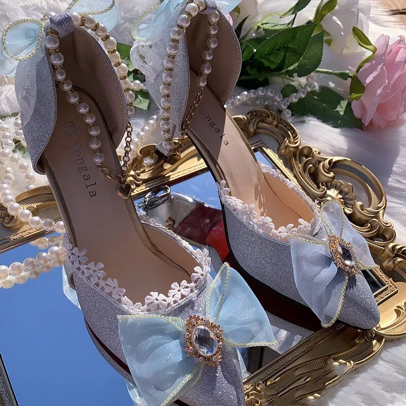 Tea Party Princess Wedding Lolita Shoes High Heels 5cm /7cm Light Blue Pointed Toe Anime Sweet Girls Cosplay Feminine Kawaii Cos