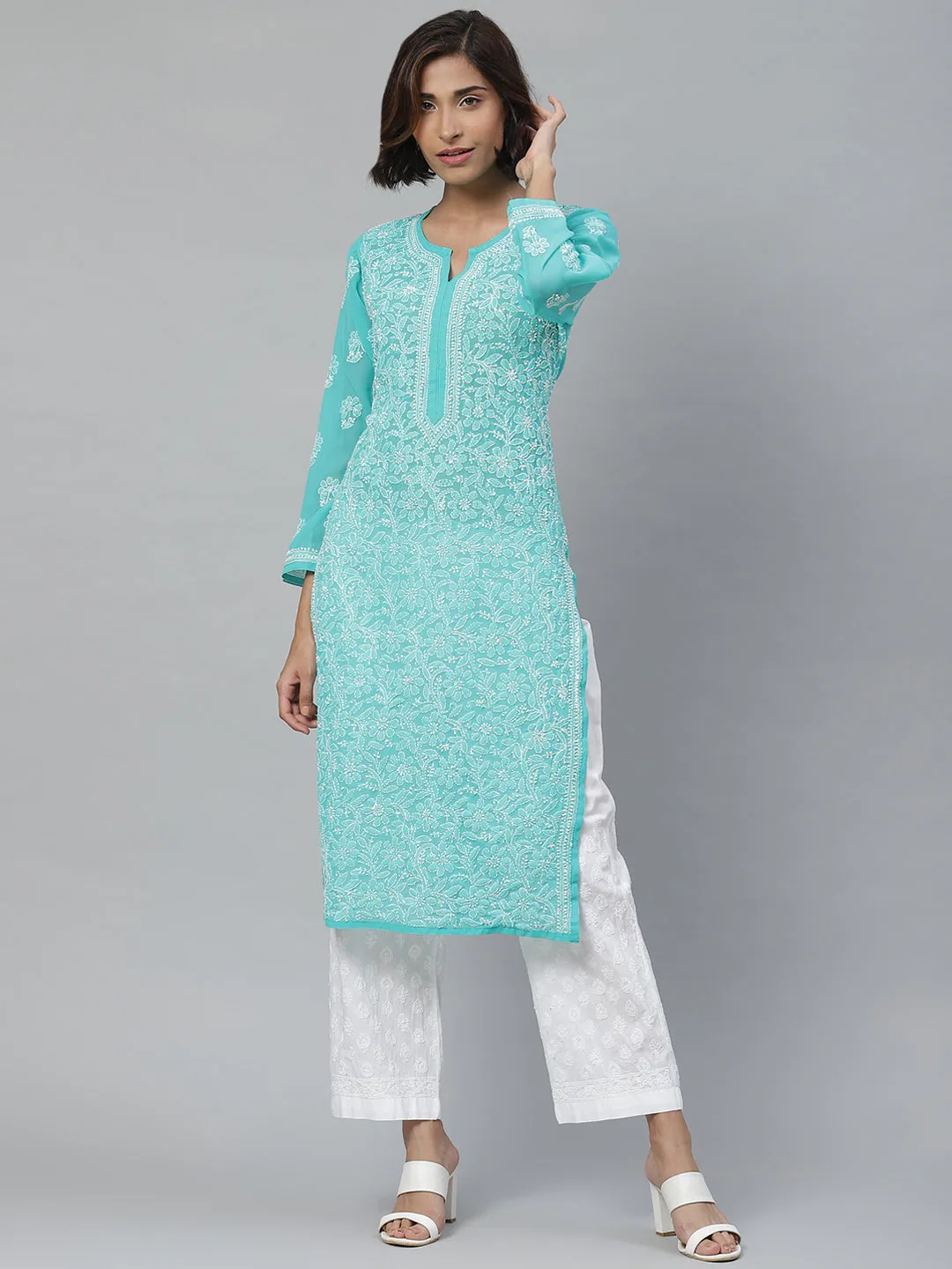 Turquoise Blue Chikan Kurta with White Palazzos