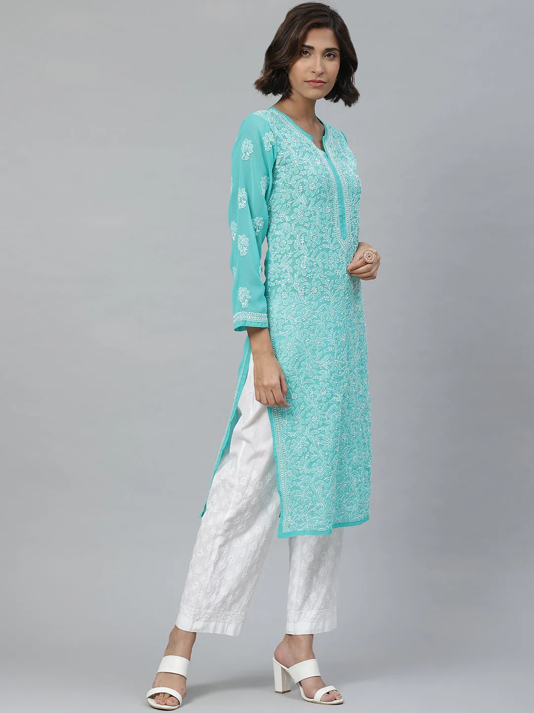 Turquoise Blue Chikan Kurta with White Palazzos