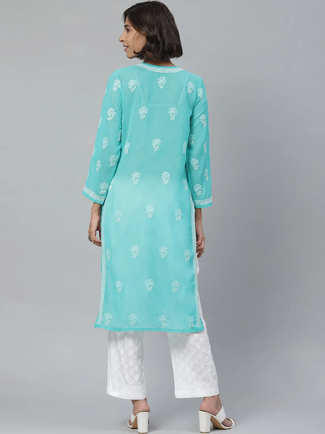 Turquoise Blue Chikan Kurta with White Palazzos