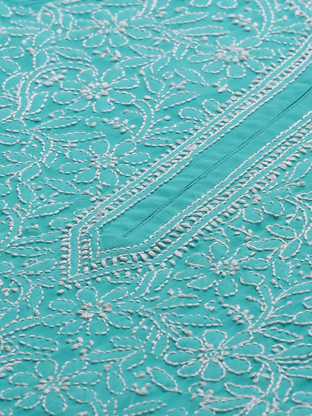 Turquoise Blue Chikan Kurta with White Palazzos