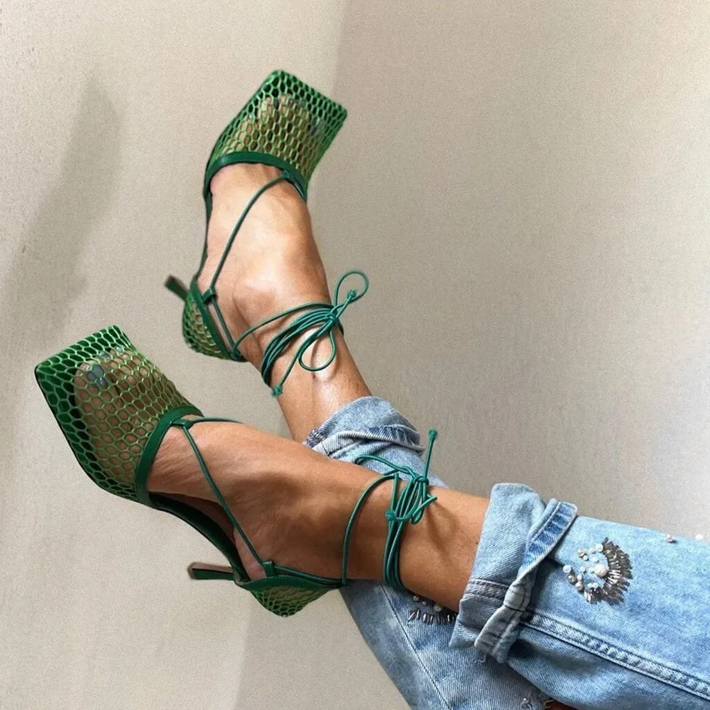 Unique Square Toe Mesh Net High Heel Pumps - Emerald Green