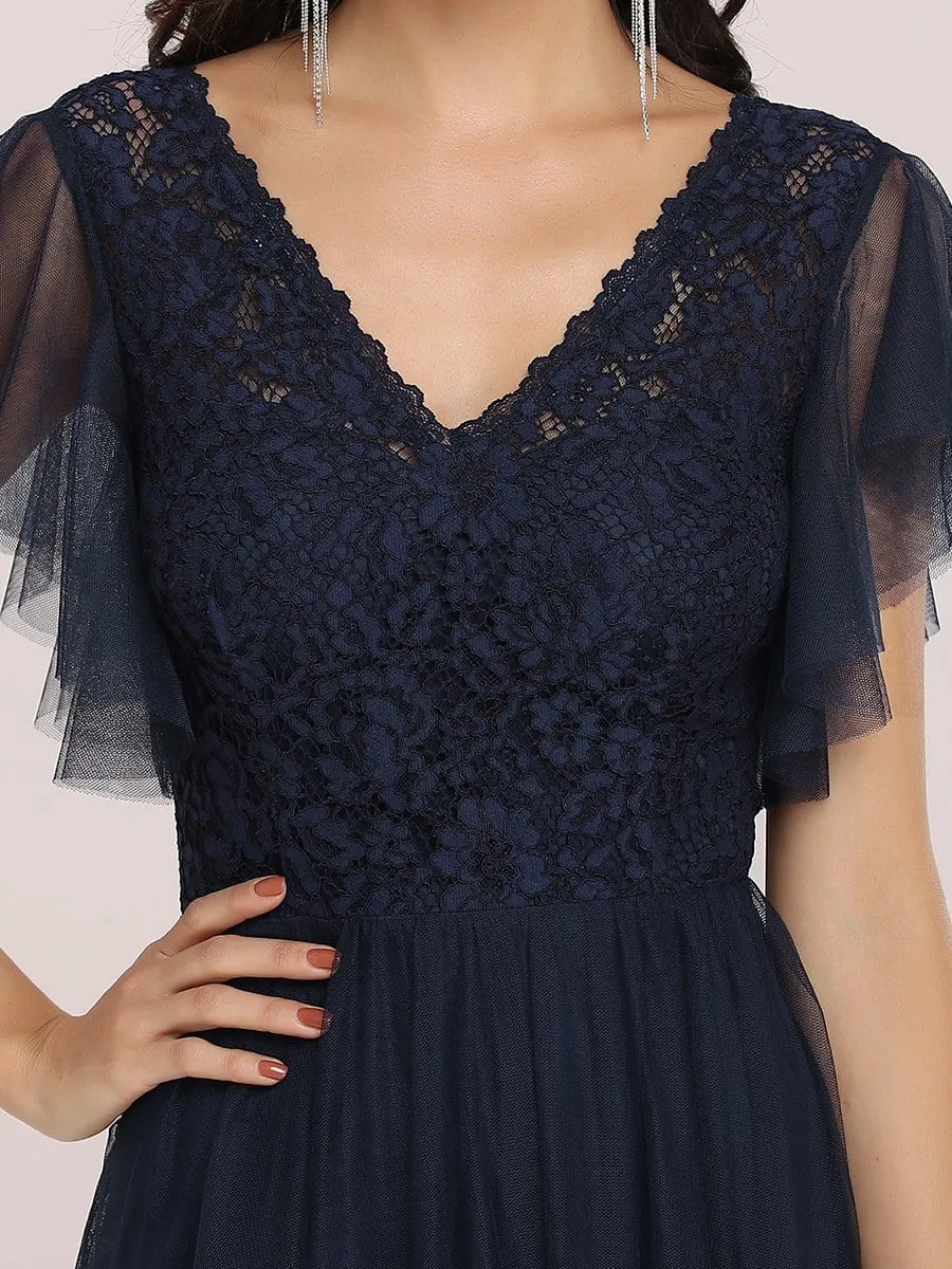 V-Neck Floral Lace Sheer Floor-Length Vintage Evening Dress