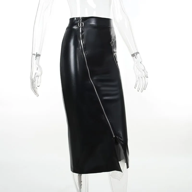 Vegan Leather Zip-up Pencil Skirt