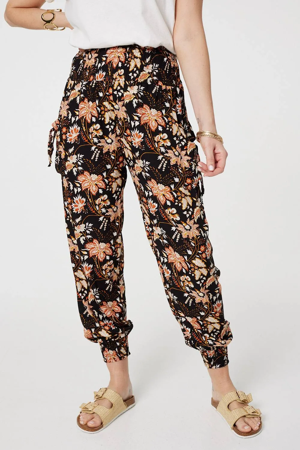 Vintage Floral Shirred Waist Harem Pants