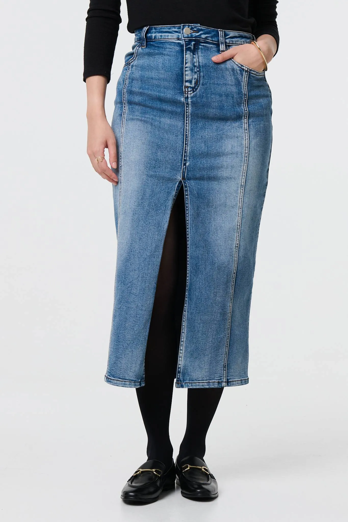 Washed Denim Split Hem Knee Length Skirt