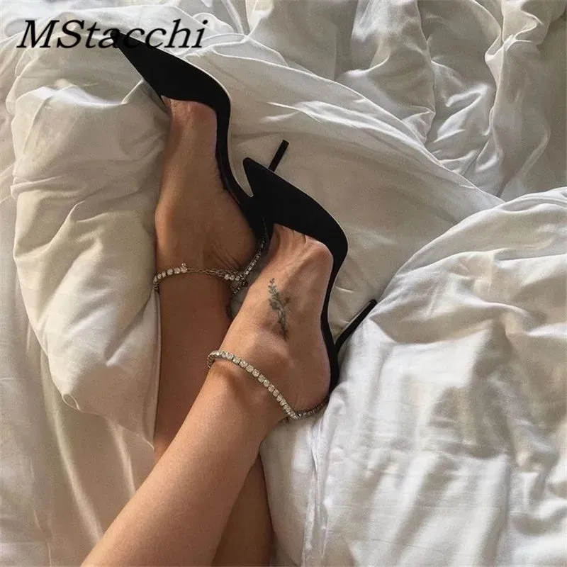 Wjczt Luxury Rhinestones Chains Women Pumps Designer Sandals High Heels Summer Ankle Strap Party Shoes Star Style Wedding Prom Shoes