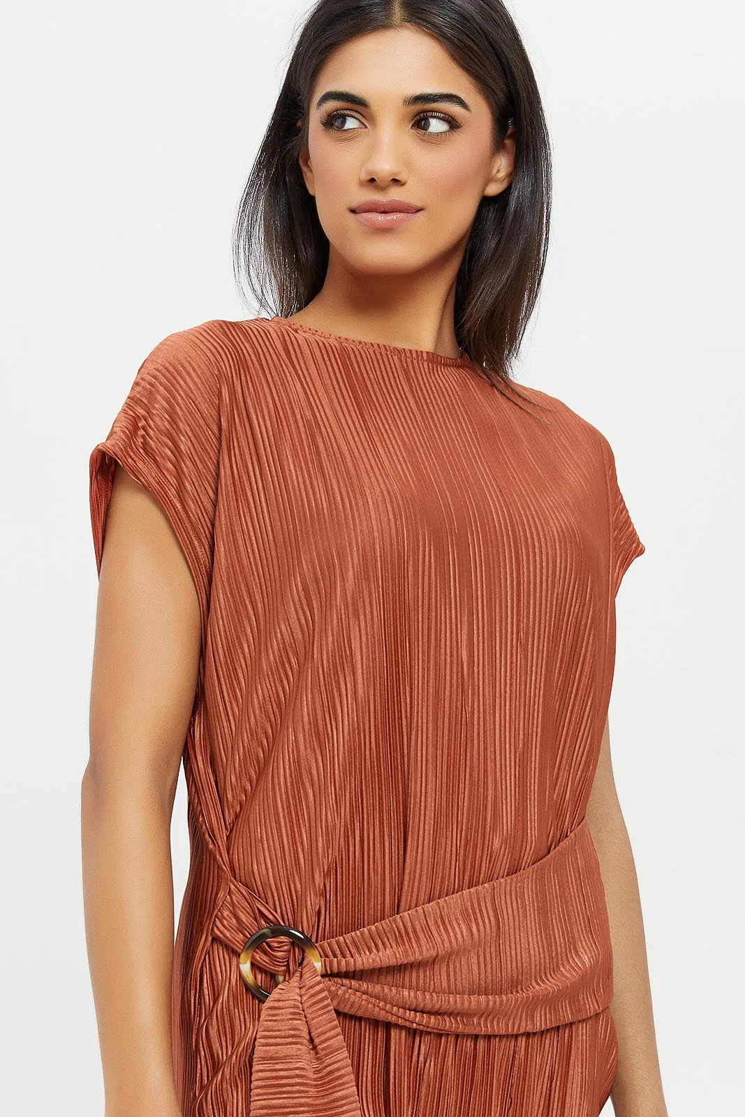 Women Brown Belted Plisse Top