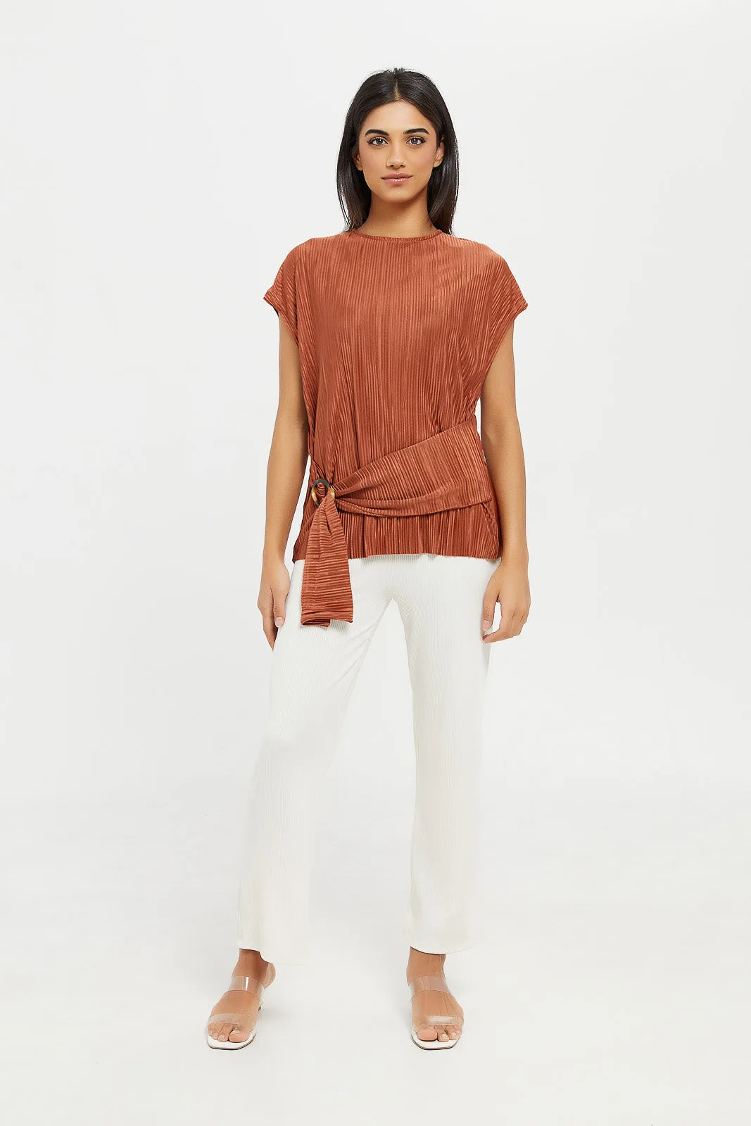 Women Brown Belted Plisse Top