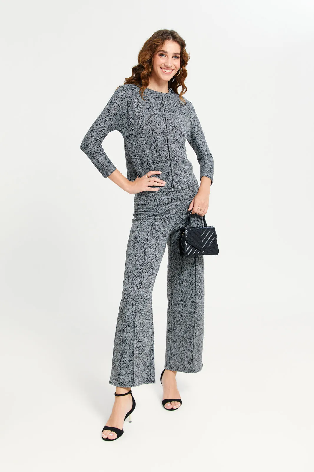 Women Grey Printed Jacquard Co-Ord Top