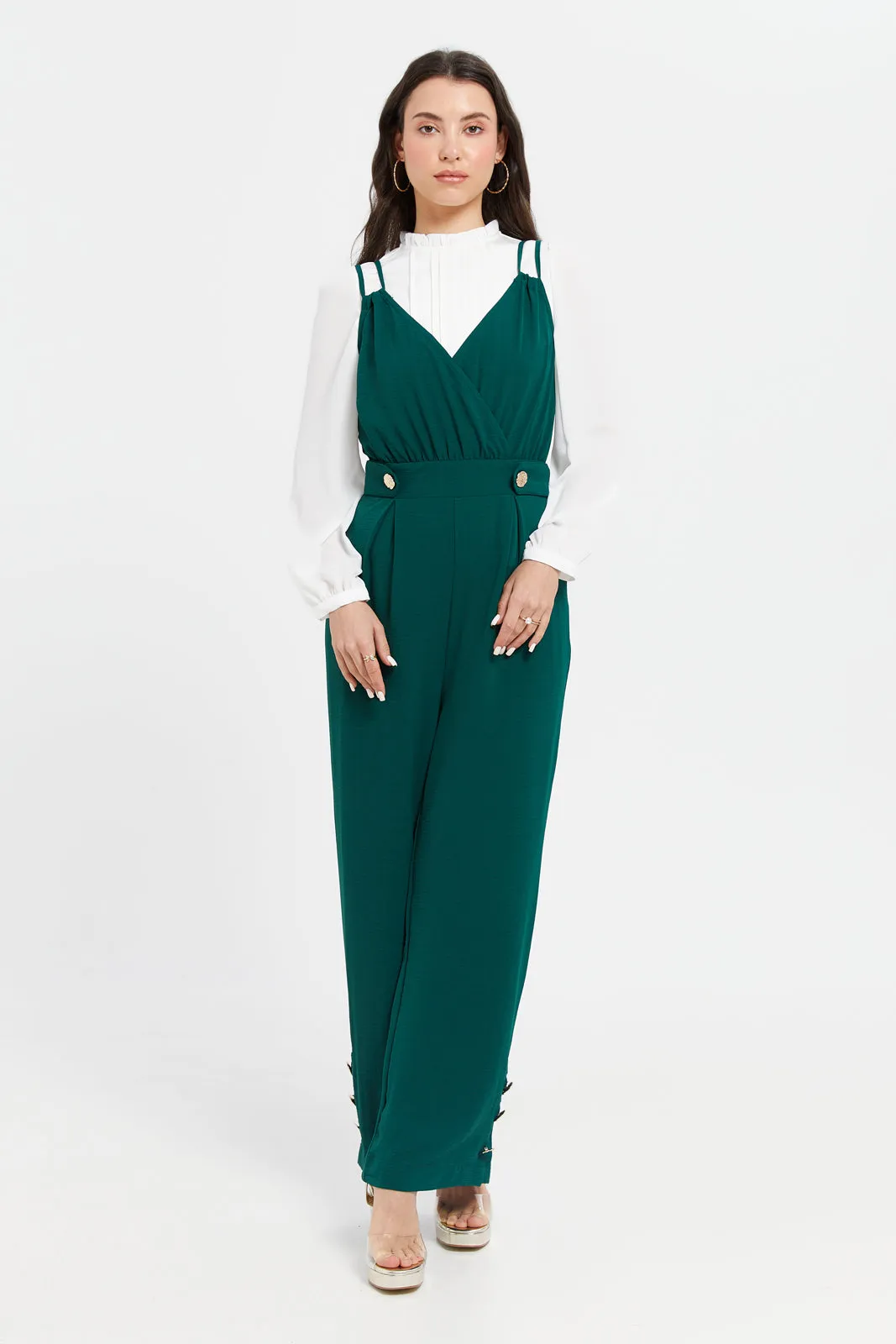 Women Teal Jumpsuit With Gold Button Details