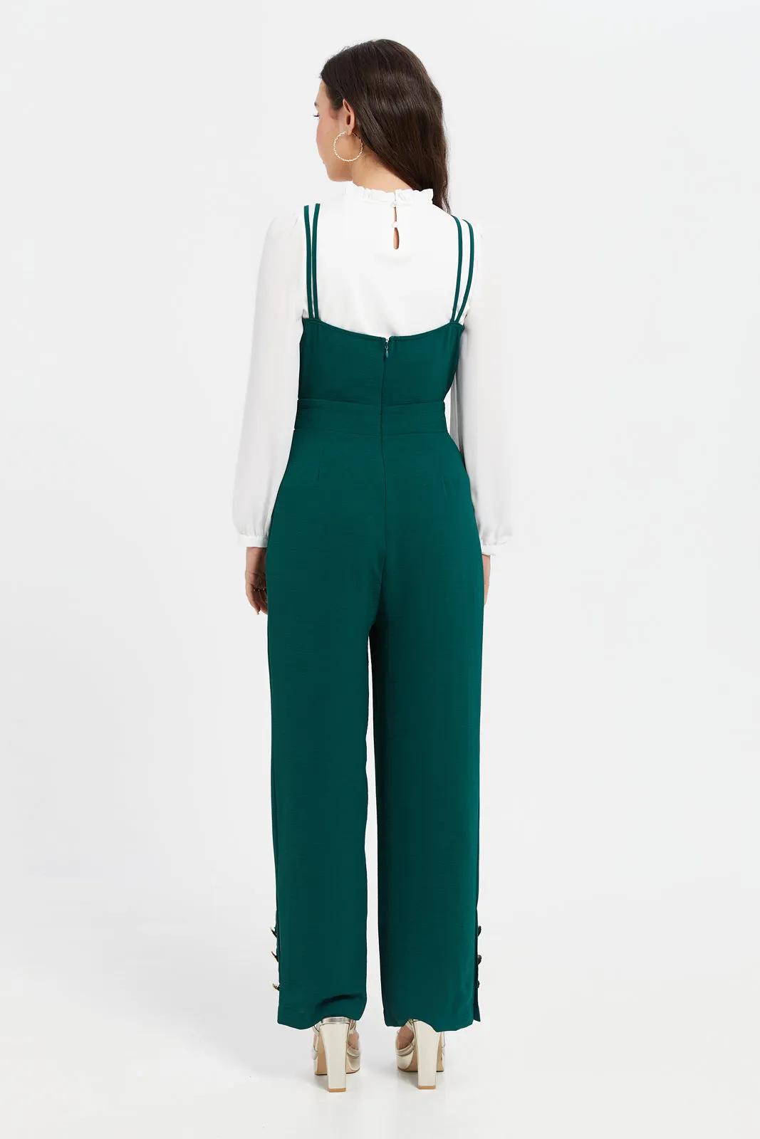 Women Teal Jumpsuit With Gold Button Details