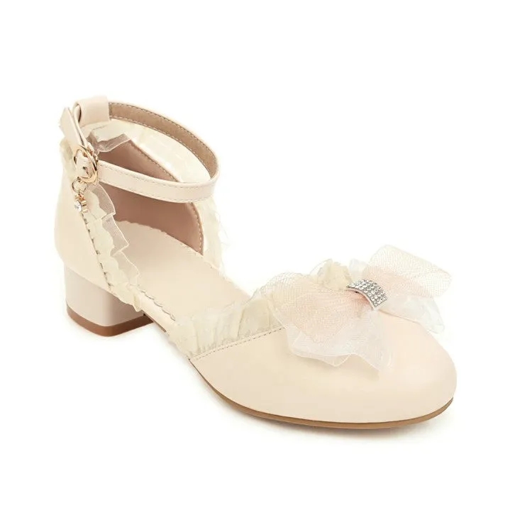 Women's Lolita Round Toe Lace Butterfly Knot Hollow Out Low Block Heels Sandals