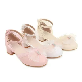 Women's Lolita Round Toe Lace Butterfly Knot Hollow Out Low Block Heels Sandals