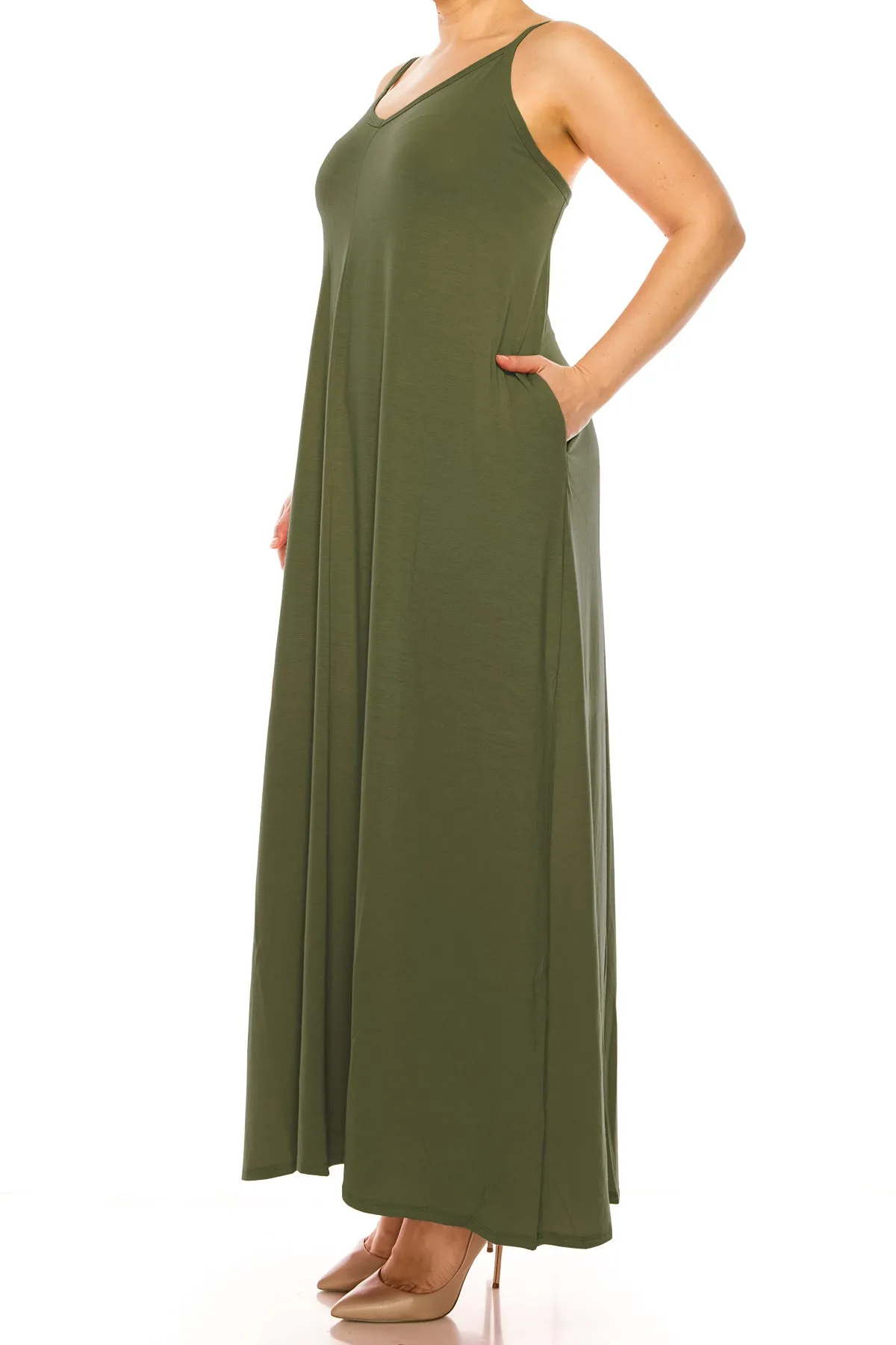 Women's Plus Size Casual Loose V-neck Sleeveless Long Cami Maxi Dress With Side Pocket