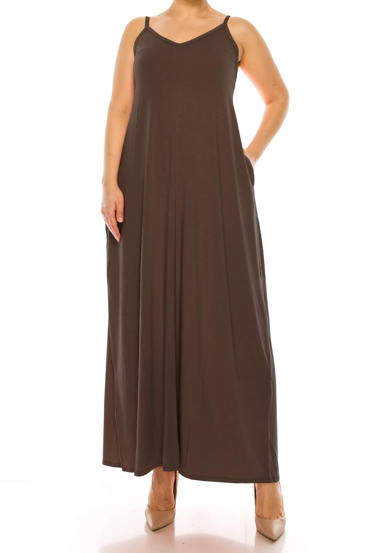 Women's Plus Size Casual Loose V-neck Sleeveless Long Cami Maxi Dress With Side Pocket