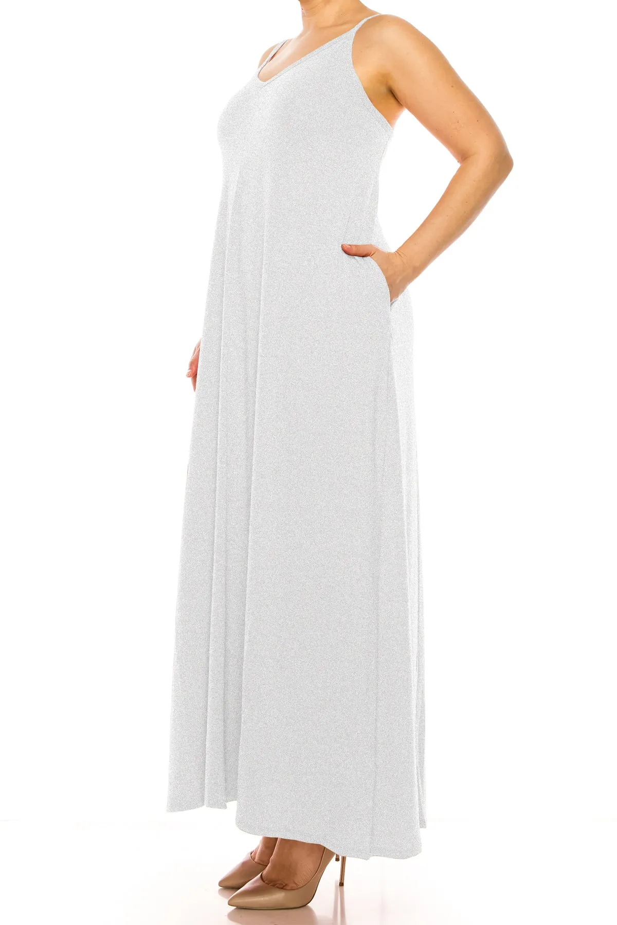 Women's Plus Size Casual Loose V-neck Sleeveless Long Cami Maxi Dress With Side Pocket