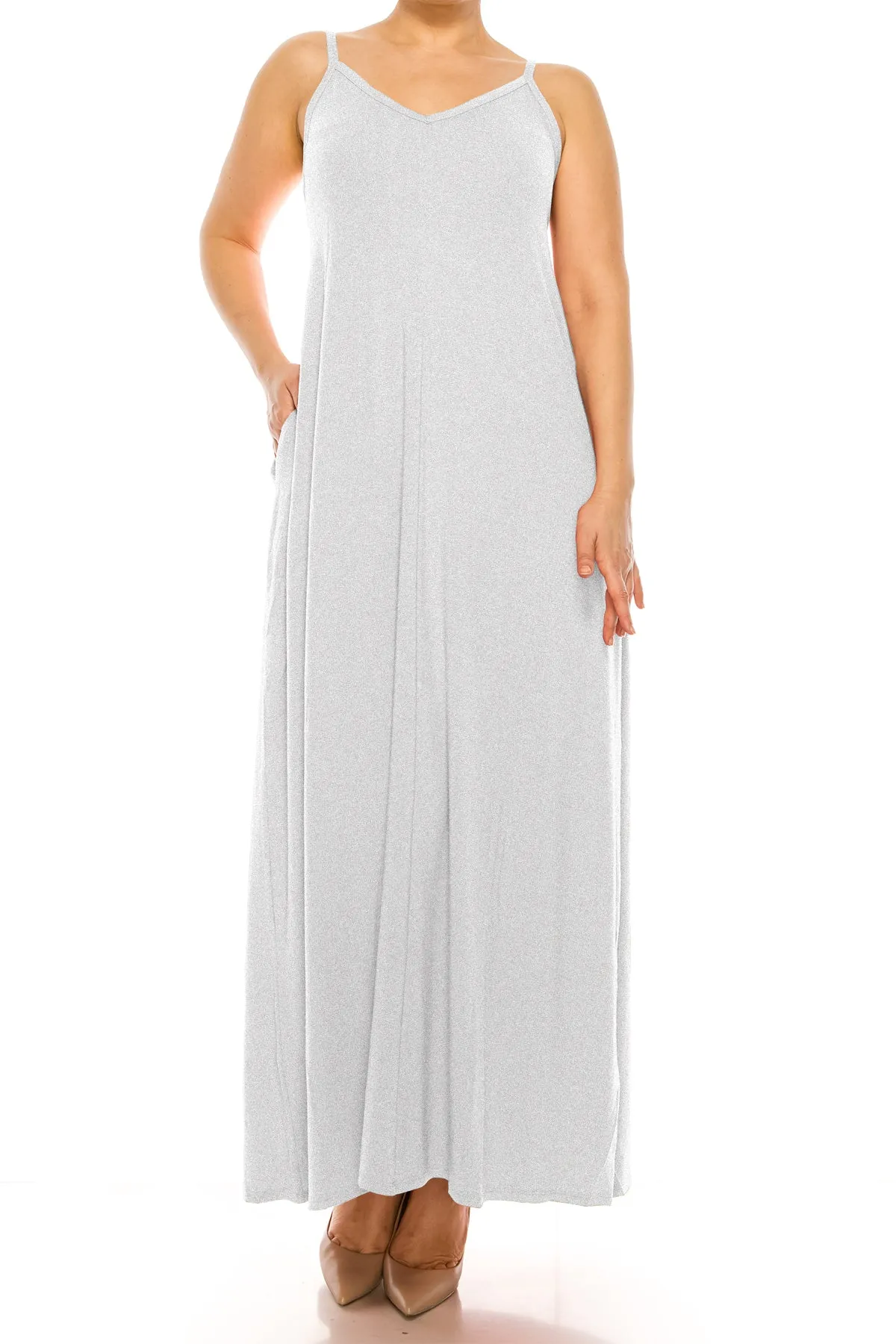 Women's Plus Size Casual Loose V-neck Sleeveless Long Cami Maxi Dress With Side Pocket