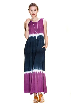 Womens Purple Black Color Block Tie Dye Maxi Dress USA