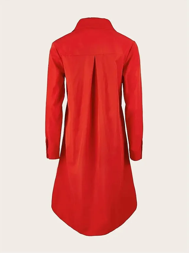 Women's Shirt Dress Casual Dress Shift Dress Midi Dress Outdoor Winter Dress Daily Polyester Elegant Casual Shirt Collar Pocket Rolled Cuff Long Sleeve Summer Winter Fall Spring 2023 Loose Fit Red